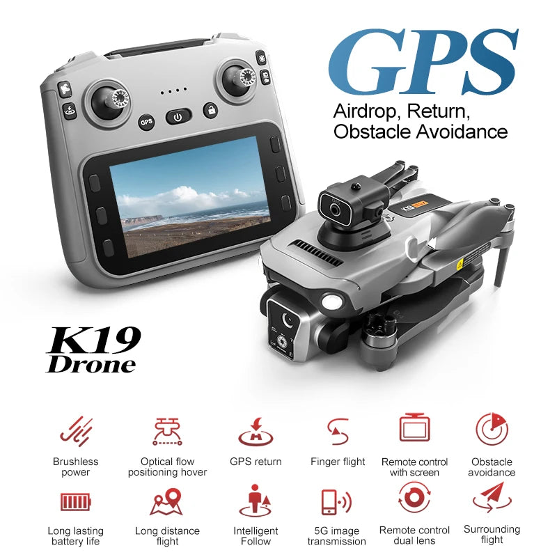 2025 K19 MAX Drone GPS Return With Screen Aerial Photography Aircraft Brushless Airdrop Remote Control Aircraft Quadcopter Toy
