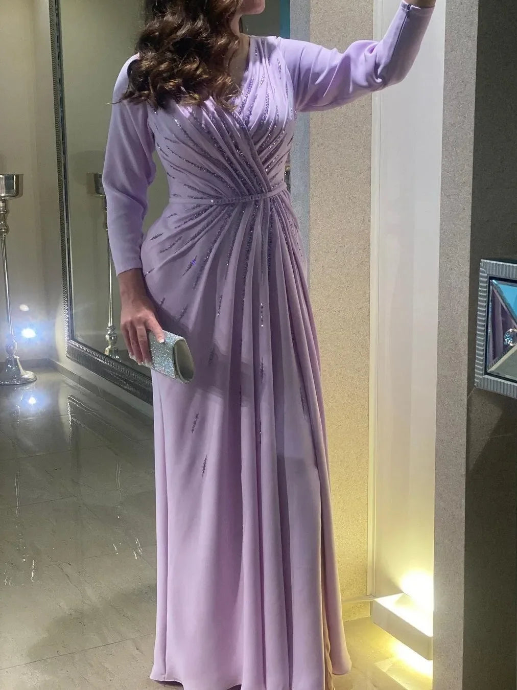 Oisslec Evening Gowns for Women Elegant Party Saudi Arabia V Neck Beaded Long Sleeves Prom Dresses Side Slit Wedding Guest