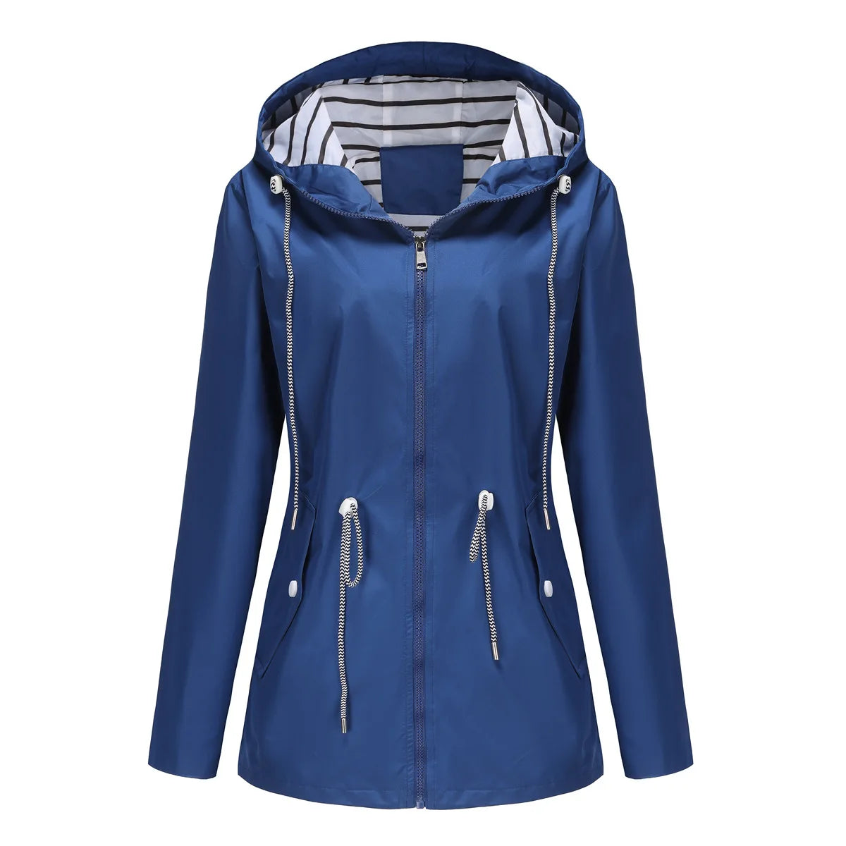 Red Waterproof Hooded Jacket, Women Fashion Casual Coat, Waist Drawstring Tie Zipper Switch Blue Green Yellow Black Windbreaker
