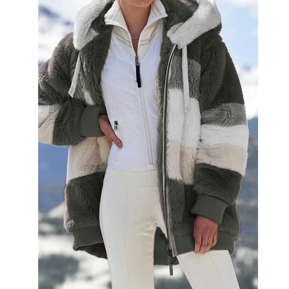 Oversized Jacket for Women Coat 2025 Autumn Winter Warm Plush Pocket Hooded Streetwear Loose Lady Zipper Cashmere Outerwear Coat