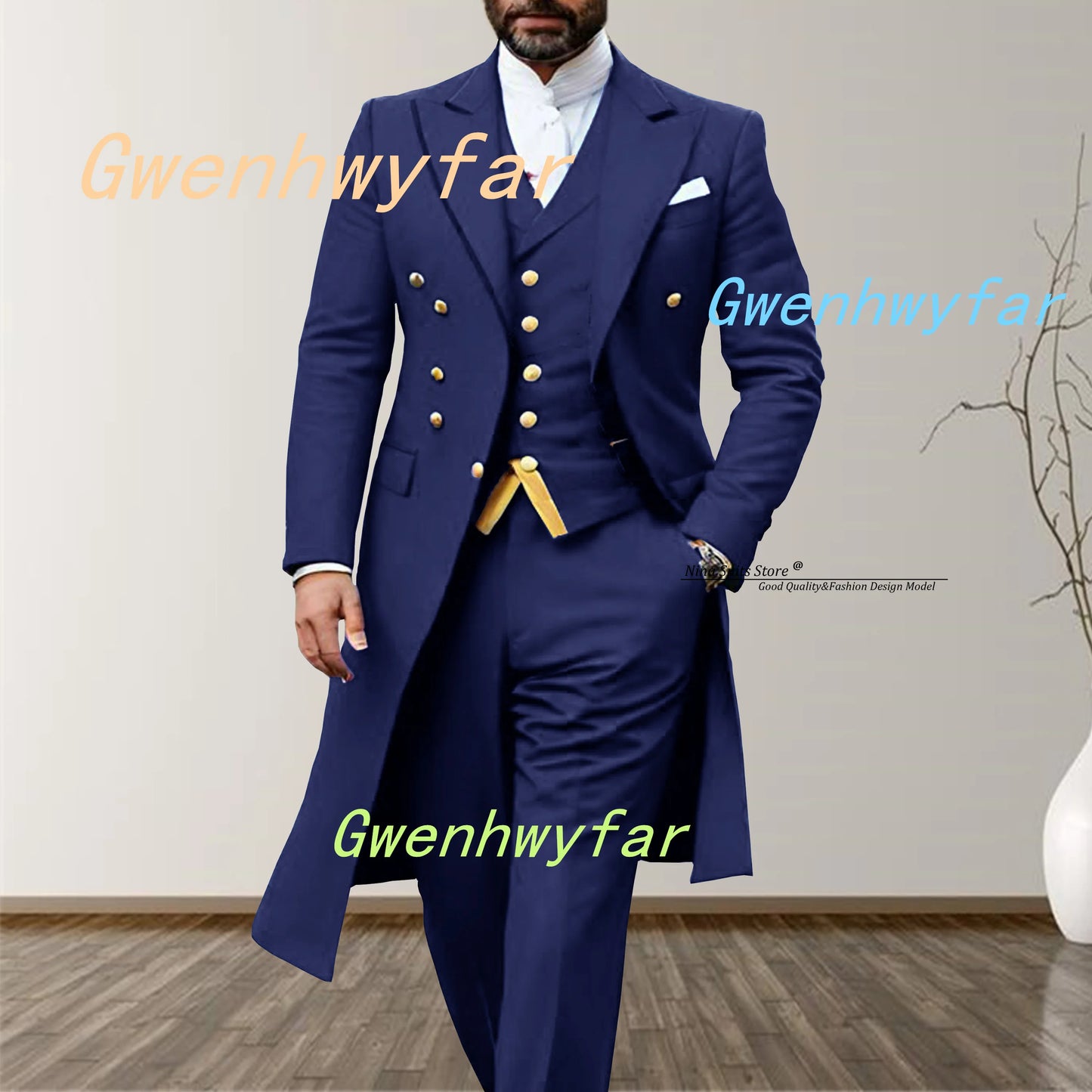 Gwenhwyfar 2025 Elegant Long Men's Suits 3-piece set of Turquoise Men's Wedding Costume with Golden Stitching Vest Casual Pants