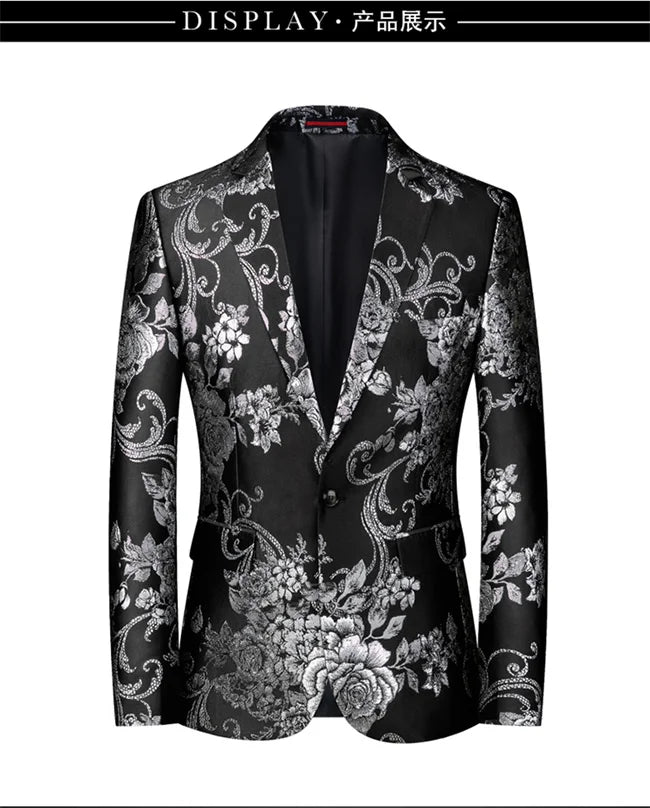 New Men Fashion Trend Wedding Party Jacquard Suit Jacket Single-breasted Slim Blazer Singer Host Stage Performance Dress Coats