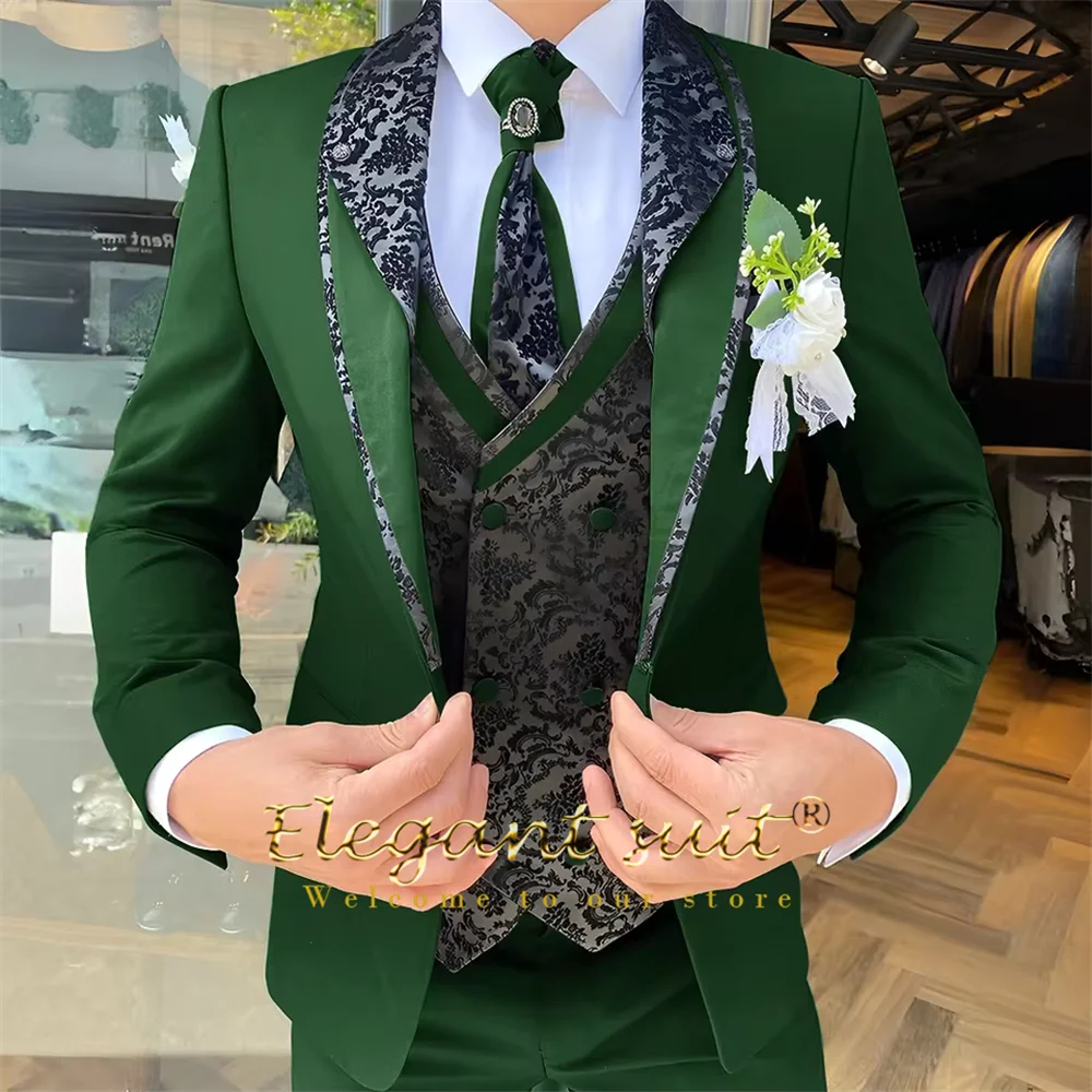 Men's 3-Piece Suit Set, Black Jacquard Vest, Contrast Style, Suit, Vest & Trousers, Weddings & Celebrations Choice