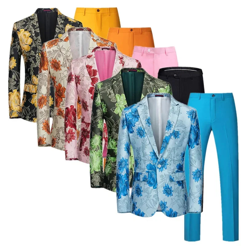 (Jacket + Trousers) Fashion Men Jacquard Suits, High Quality Male Business Social Groom Wedding Party Flower Dress Set