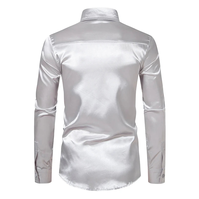 Men's Black Satin Luxury Dress Shirts Fashion Silk Smooth Tuxedo Shirt Solid Wedding Party Prom Casual Shirt Business Office