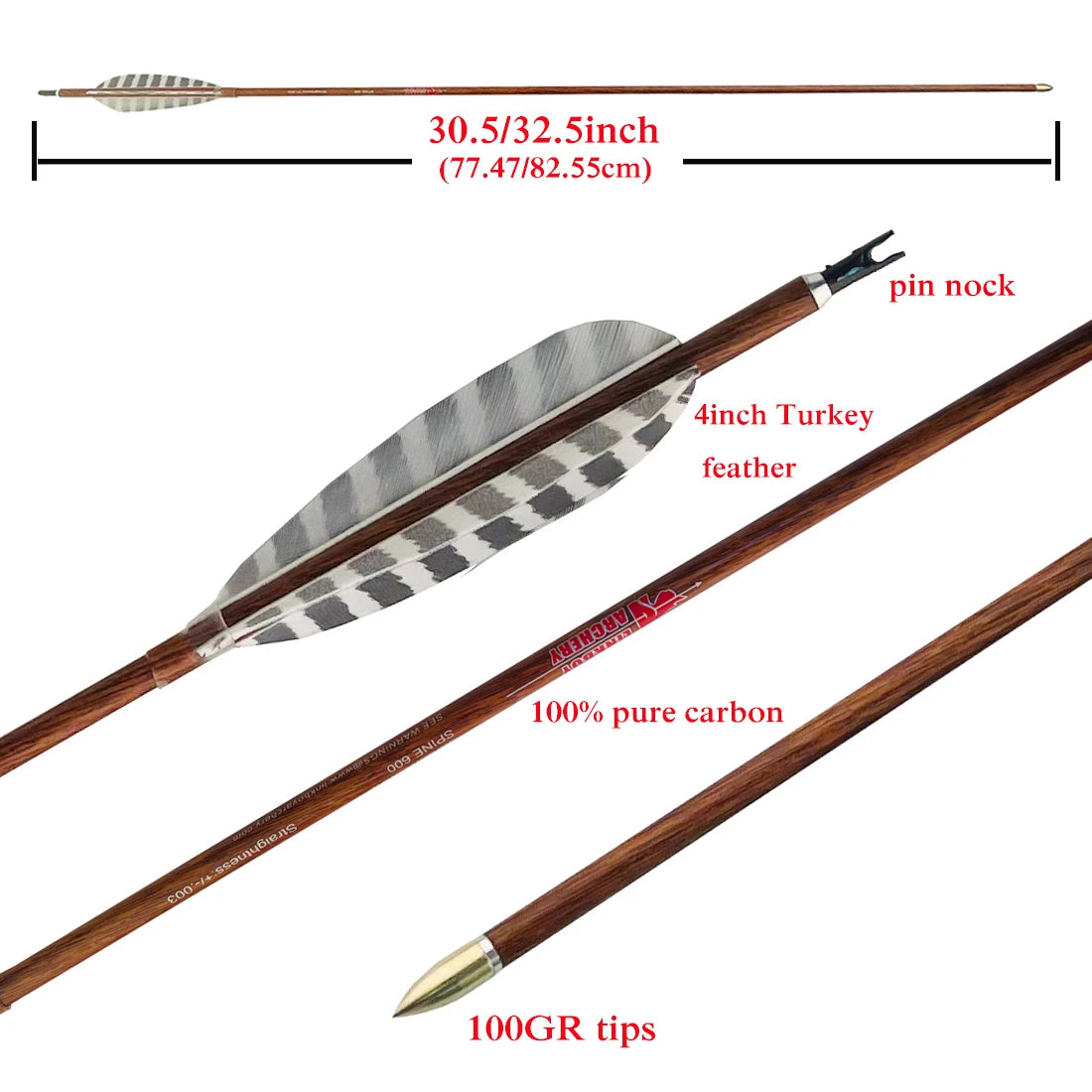 6pc Linkboy Archery 32 Inch Pure Carbon Arrows Spine 300 -900 4" Turkey Feather Wood Skin Arrows for Traditional Bow Hunting