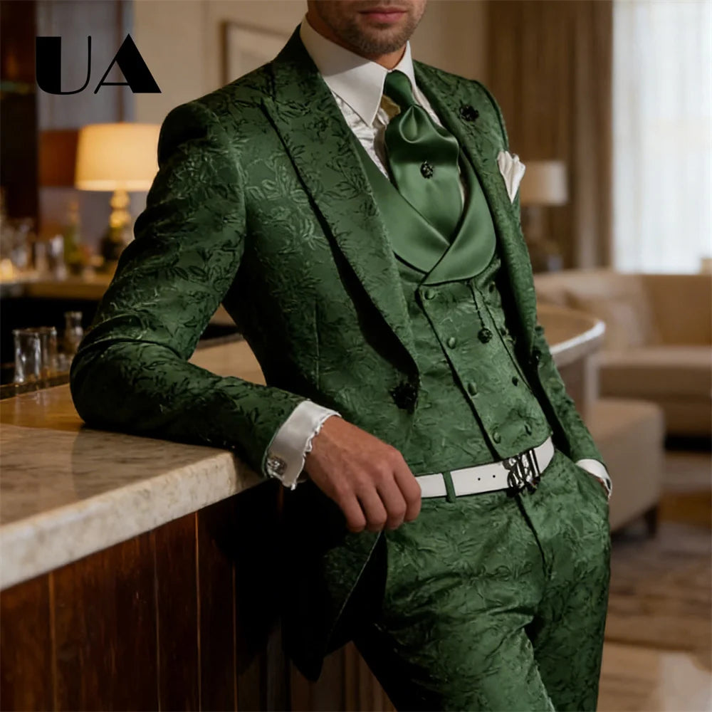 Custom Tailored Mens Three Piece Wedding Suit Jacket Pants Waistcoat Jacquard Prom Suit Attires Blazer Trousers Vest
