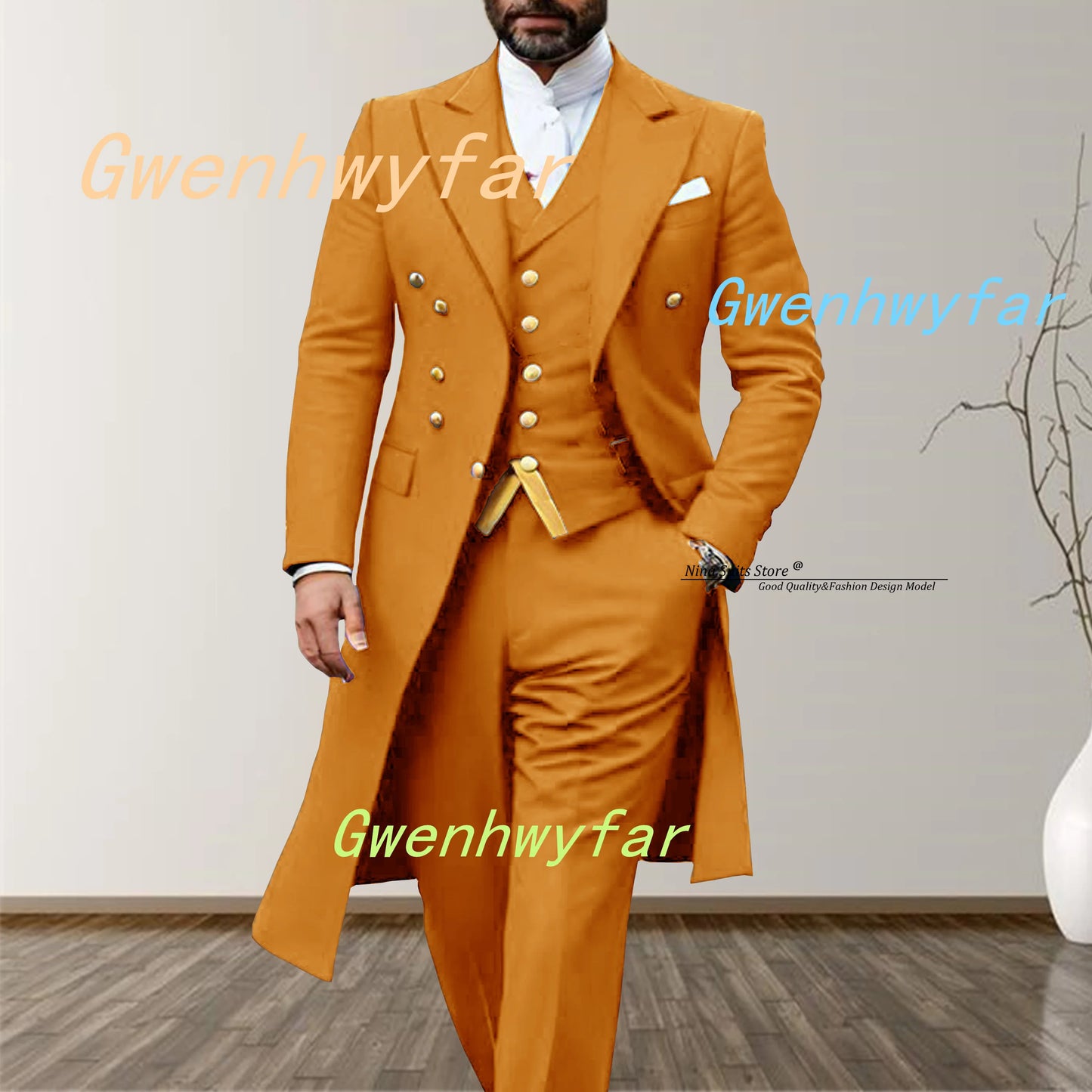 Gwenhwyfar 2025 Elegant Long Men's Suits 3-piece set of Turquoise Men's Wedding Costume with Golden Stitching Vest Casual Pants