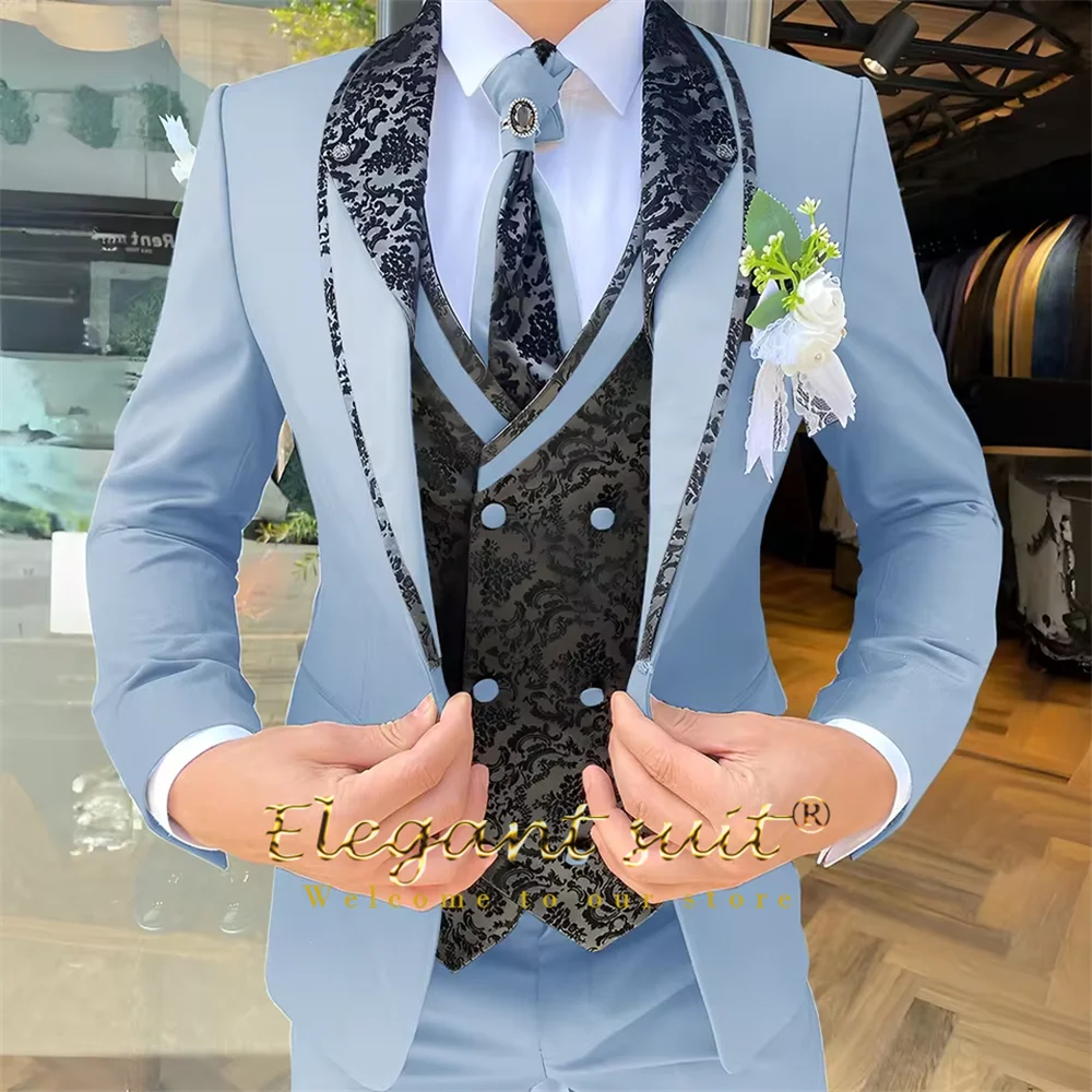 Men's 3-Piece Suit Set, Black Jacquard Vest, Contrast Style, Suit, Vest & Trousers, Weddings & Celebrations Choice