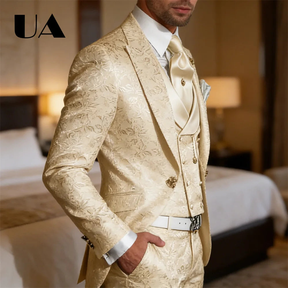 Custom Tailored Mens Three Piece Wedding Suit Jacket Pants Waistcoat Jacquard Prom Suit Attires Blazer Trousers Vest