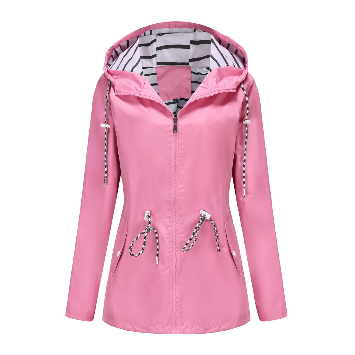 Red Waterproof Hooded Jacket, Women Fashion Casual Coat, Waist Drawstring Tie Zipper Switch Blue Green Yellow Black Windbreaker