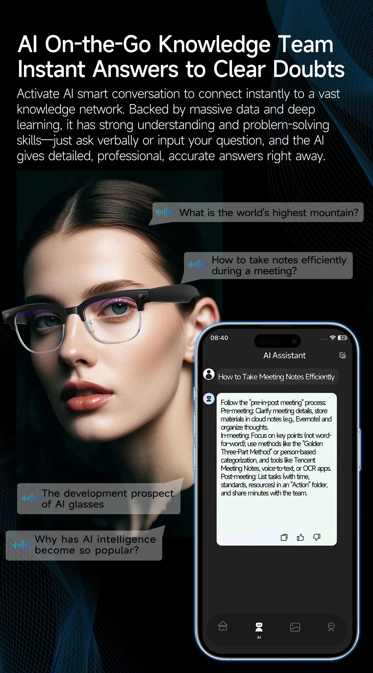 New 4K HD AI Smart Glasses 800w Pixel Multifunctional Camera Ultra Bluetooth Call Voice Assistant Music Player Smart Translation