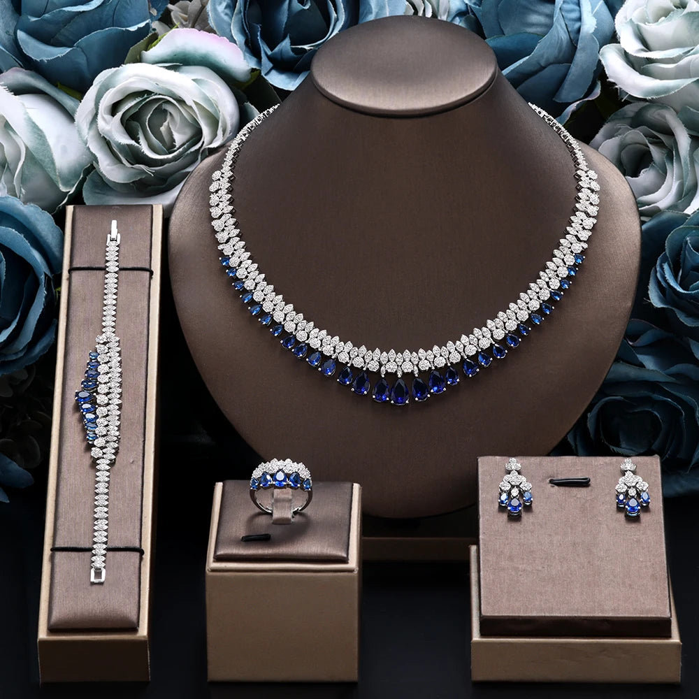 Luxury White Cubic Zirconia Bridal Jewelry Set Brides Accessories Tassel Water Drop Necklace Earring 4pcs Set for Wedding Party