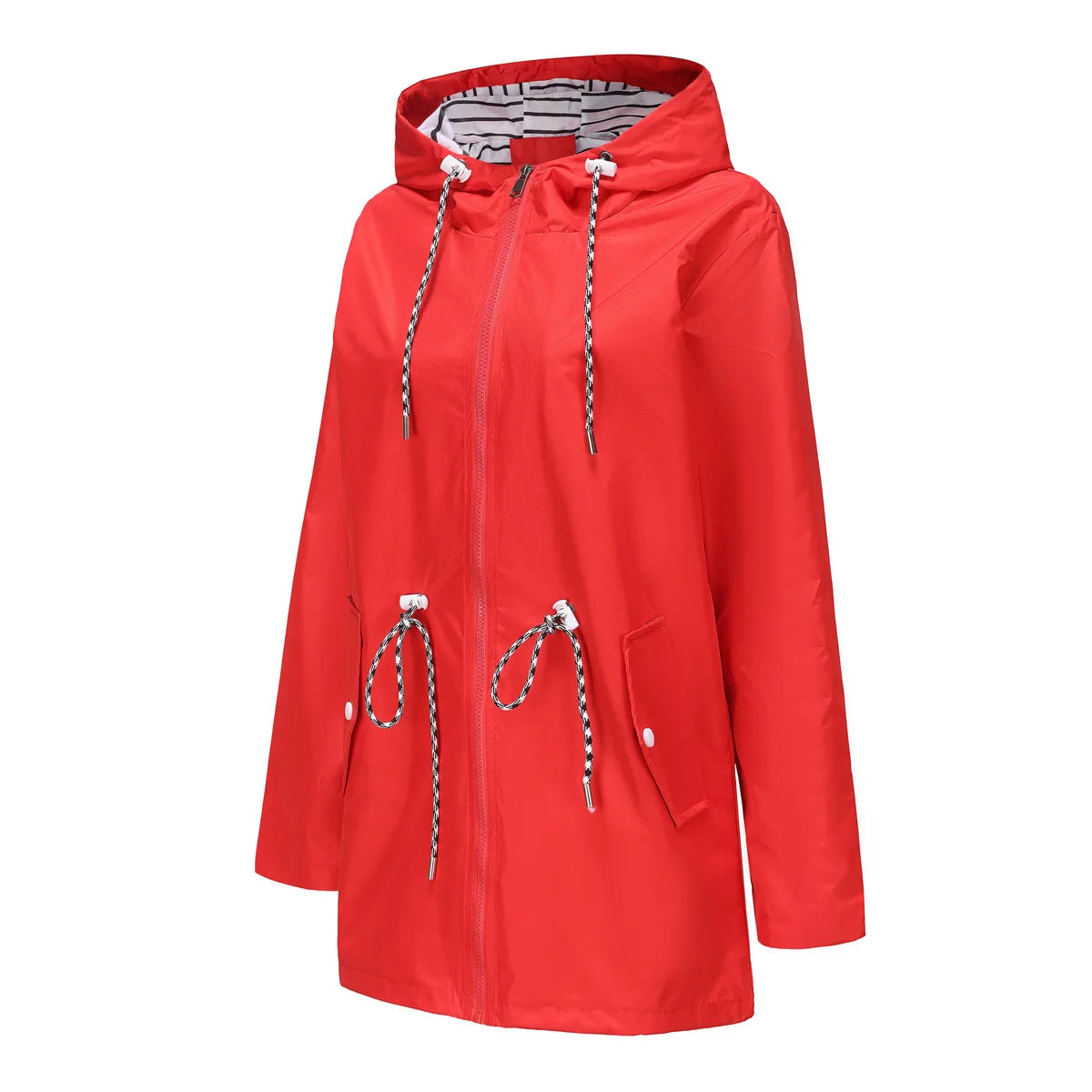 Red Waterproof Hooded Jacket, Women Fashion Casual Coat, Waist Drawstring Tie Zipper Switch Blue Green Yellow Black Windbreaker