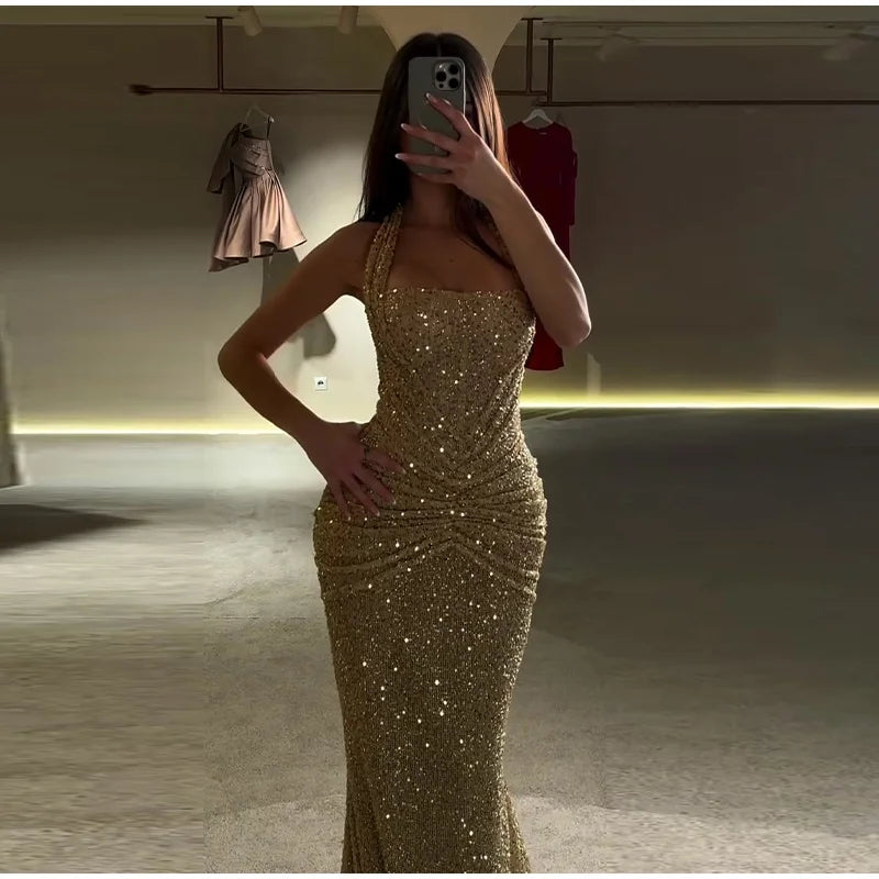 Women's Gold Sequin Halter Gown Square Neck Ruched Detail Mermaid Train Slim Fit Elegant Evening Party Formal Lady Fashion Dress