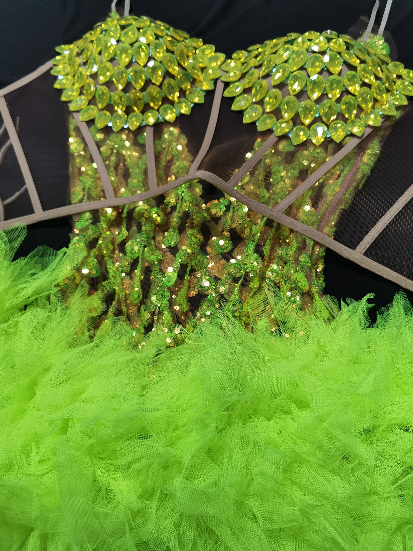 Fluorescent yellow Rhinstone Mesh tube top evening dress sing Gala Elegant Women Party Birthday Special Ocassion Sexy costume