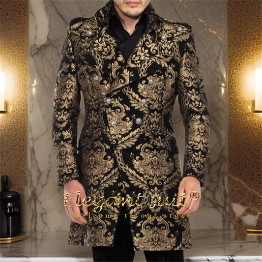 Men's 2 Piece Suit Double-Breasted Black & Gold Embossed Jacquard Coat & Pants Premium Formal Attire for Glamorous Events