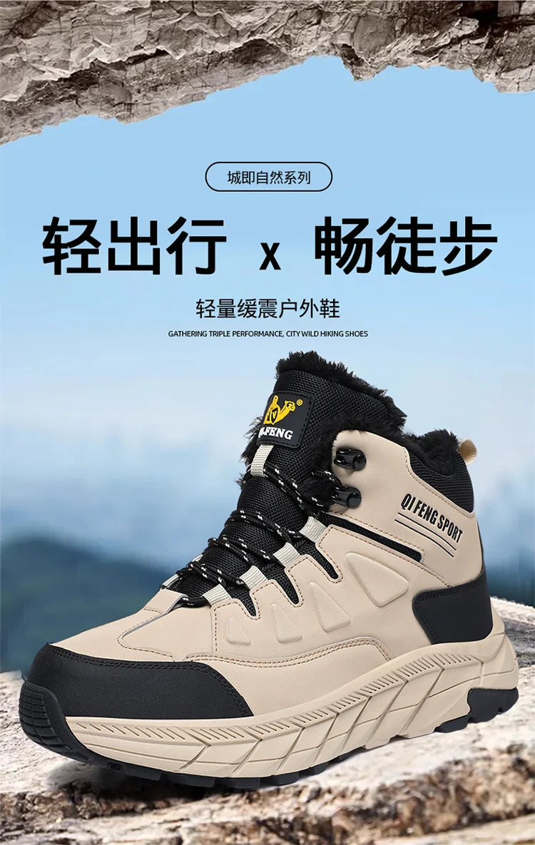 Large Size 48 Leather Hiking Boots Mens Winter Outdoor Warm Fur Non Slip 2025 Fashion Hike Ankle Boot Black Hunting Boots Rubber