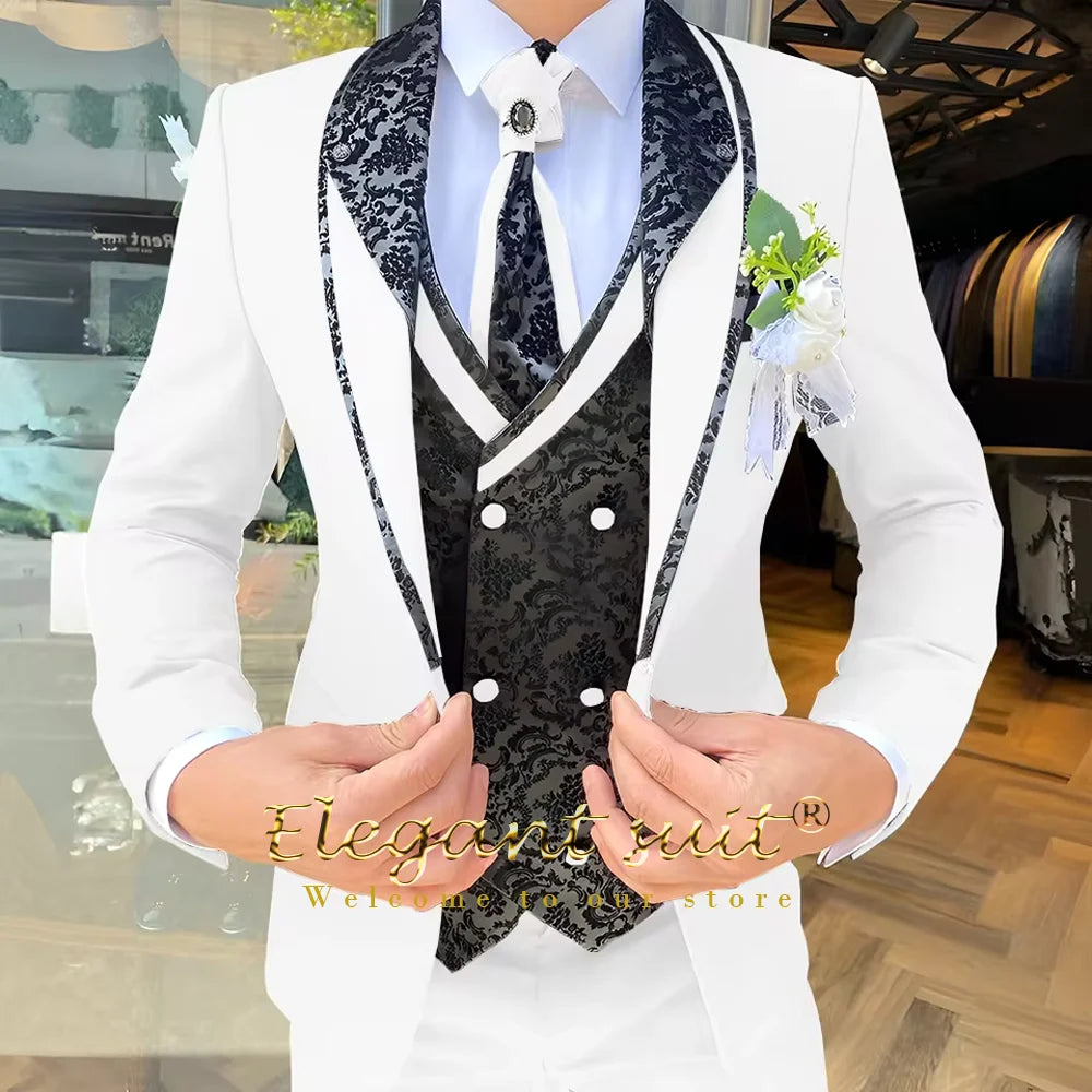 Men's 3-Piece Suit Set, Black Jacquard Vest, Contrast Style, Suit, Vest & Trousers, Weddings & Celebrations Choice