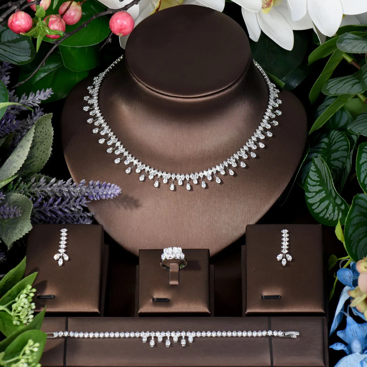 HIBRIDE Simple Water Drop Crystal Cubic Zirconia Necklace Earrings Set 4PCS  Jewelry For Women African Beads Jewelry Set N-297