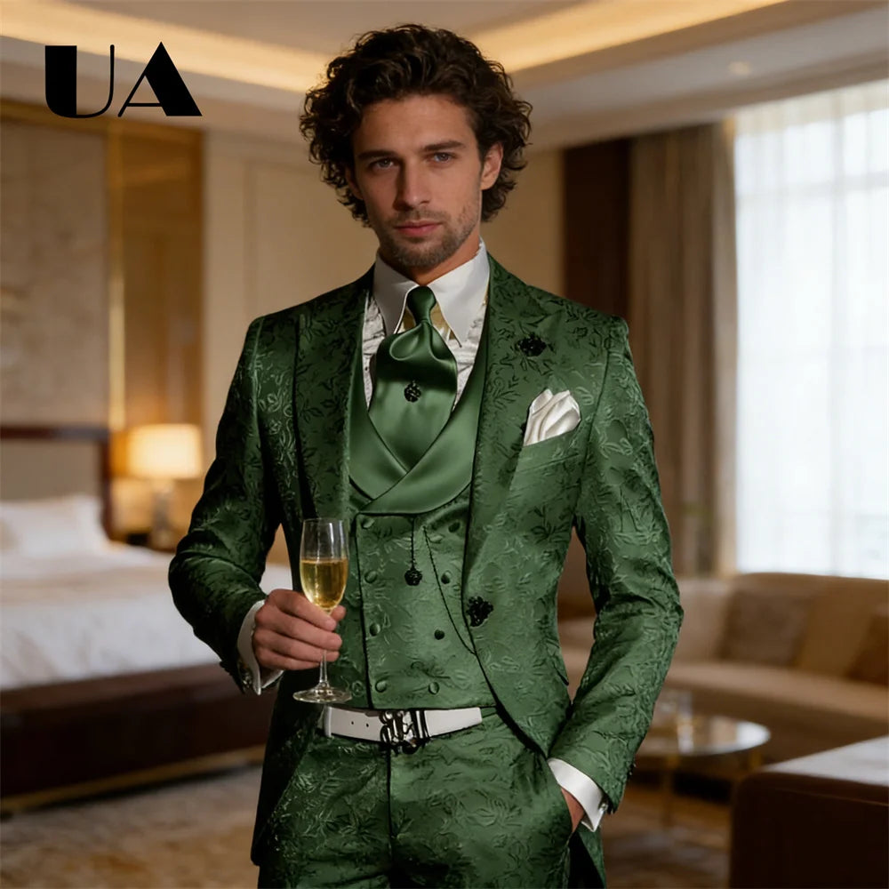 Custom Tailored Mens Three Piece Wedding Suit Jacket Pants Waistcoat Jacquard Prom Suit Attires Blazer Trousers Vest