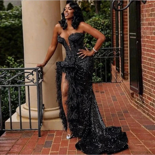 Feather Slit Long Prom Dresses For Black Girls Beaded Sequins Birthday Party Dresses African Evening Gown Robe De Customized