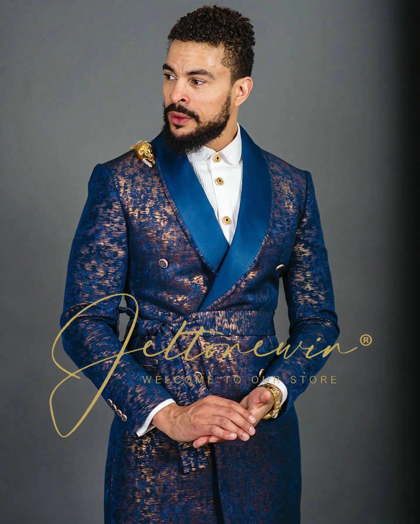 Blue Gold Jacquard Double Breasted Suit for Men Shawl Lapel Slim Fit Luxurious Fashion Statement Wedding Groom Stage Wear homme