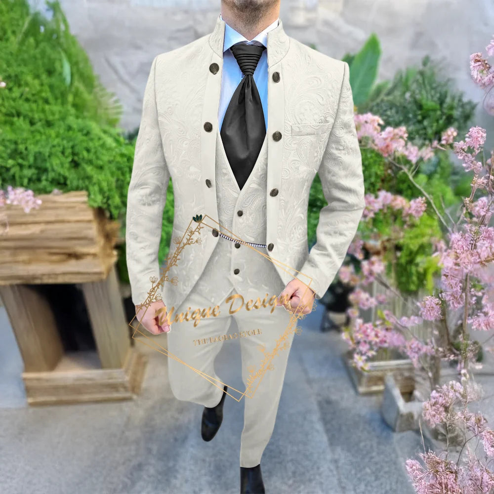 Black Jacquard Men's 3-Piece Deluxe Custom Jacket Vest Pants Slimming Set for Wedding Groom Banquet Prom Party Custom Tuxedo