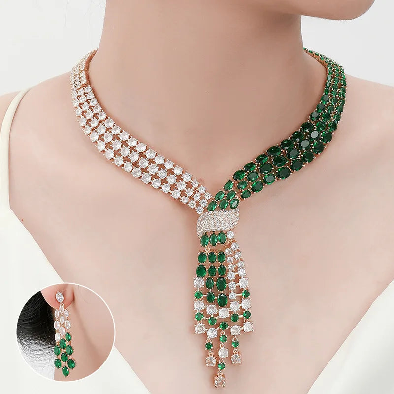 2 Pieces Set of Premium Glitter Water Drop Necklace Earrings Women's Clothing Light Luxury Jewelry Dubai Wedding Ball Gift M-748