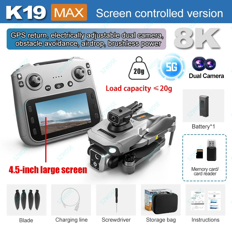 K19 Max GPS Drone 8K Professional HD Dual Camera 360° Obstacle Avoidance Brushless 5G WIFI FPV RC Airdrop Quadcopter Toys