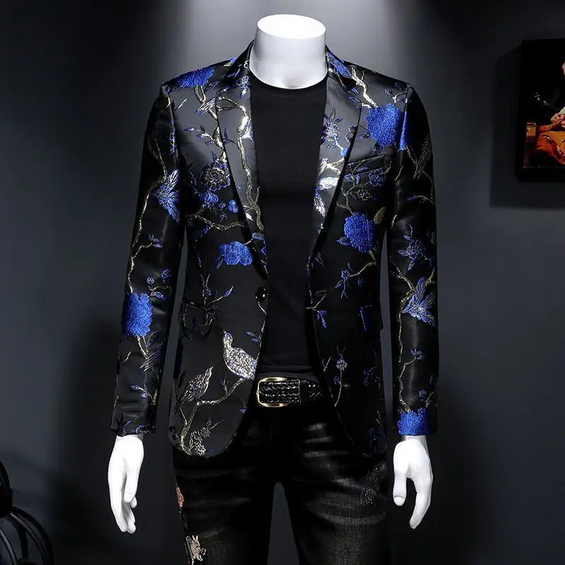 New Men Fashion Trend Wedding Party Jacquard Suit Jacket Single-breasted Slim Blazer Singer Host Stage Performance Dress Coats