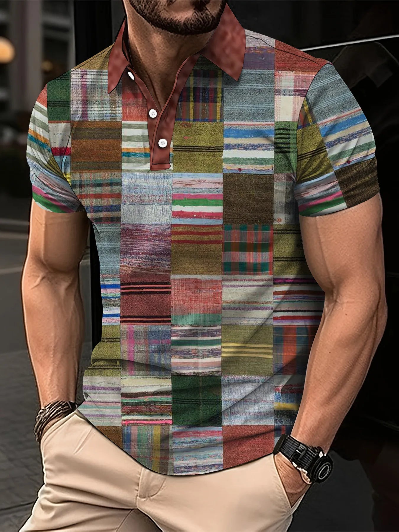 Fashion Elegant Harajuku Slim Fit Ropa Hombre Loose Casual All Match Lattice Men's POLO Shirt Printed Button Short Sleeve Tops