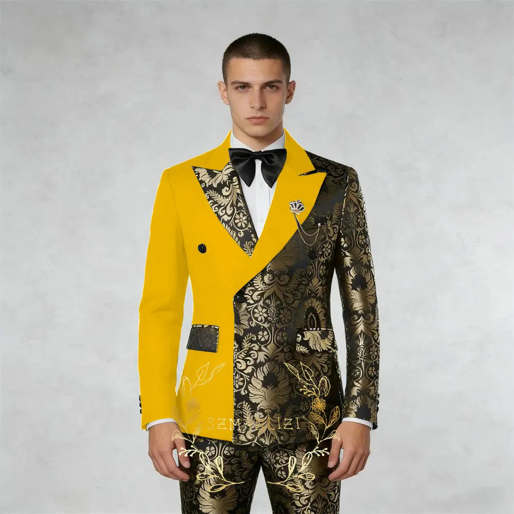 Black And Gold Floral Men's Suit 2 Piece Double Breasted Jacket Wedding Groom Tuxedo Formal Blazer Pants Sets terno masculino