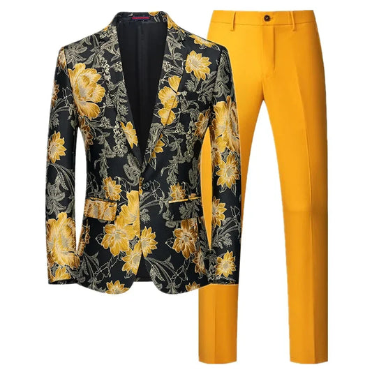 (Jacket + Trousers) Fashion Men Jacquard Suits, High Quality Male Business Social Groom Wedding Party Flower Dress Set