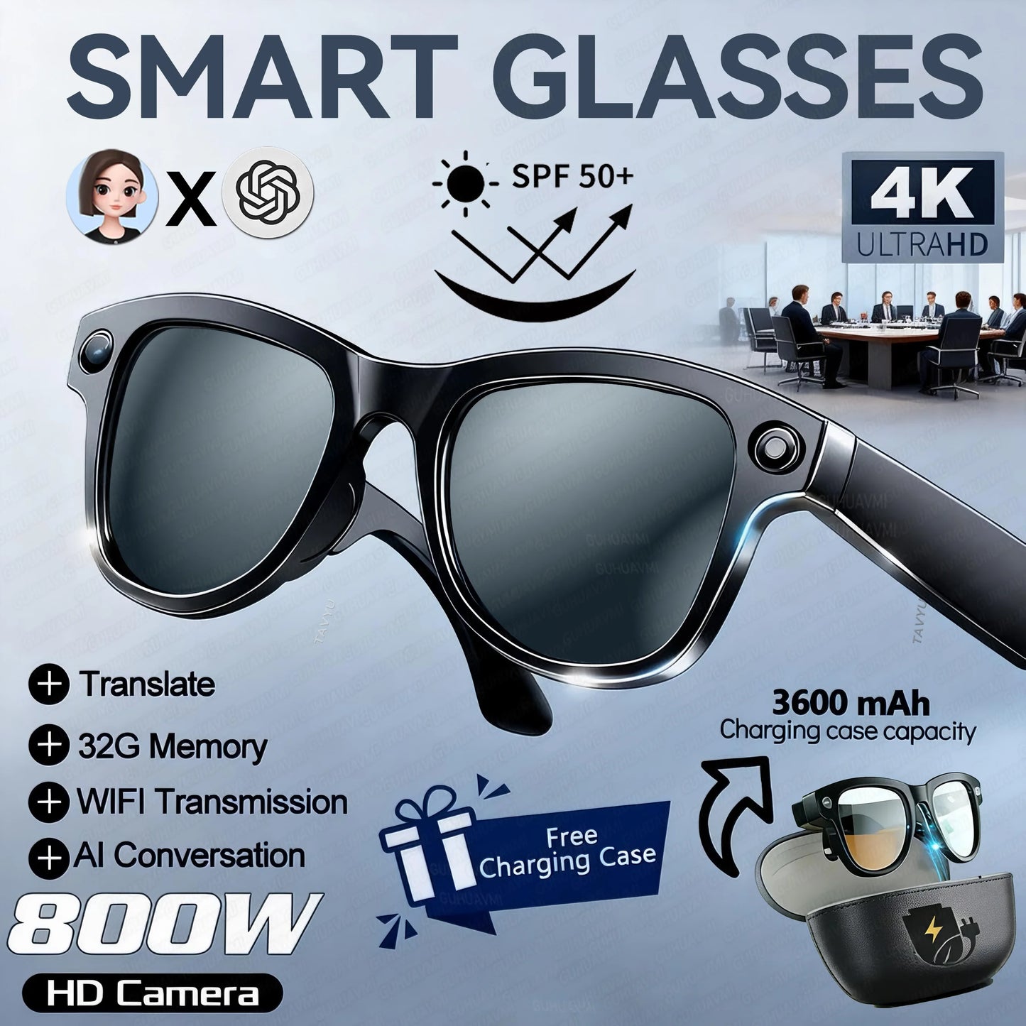 2026New 800W 4K Camera Smart Glasses Men 3600mAh Power Real-timeTranslation Bank 32GB Photo Record Videos Music Sunglasses Women