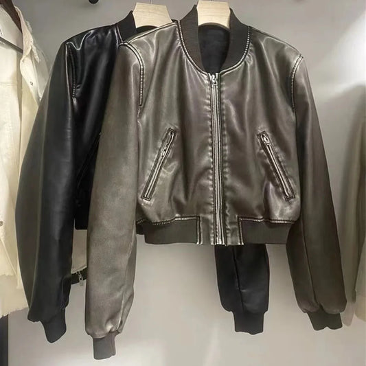 Autumn and winter new leather solid color short coat retro style short zipper cardigan casual all match leather jacket female