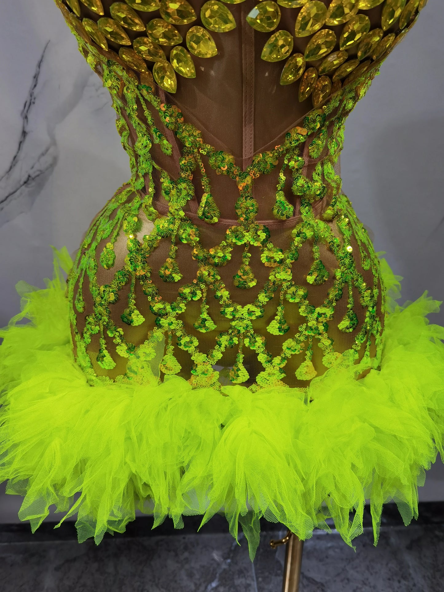 Fluorescent yellow Rhinstone Mesh tube top evening dress sing Gala Elegant Women Party Birthday Special Ocassion Sexy costume