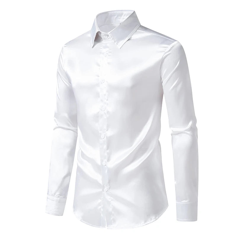 Men's Black Satin Luxury Dress Shirts Fashion Silk Smooth Tuxedo Shirt Solid Wedding Party Prom Casual Shirt Business Office