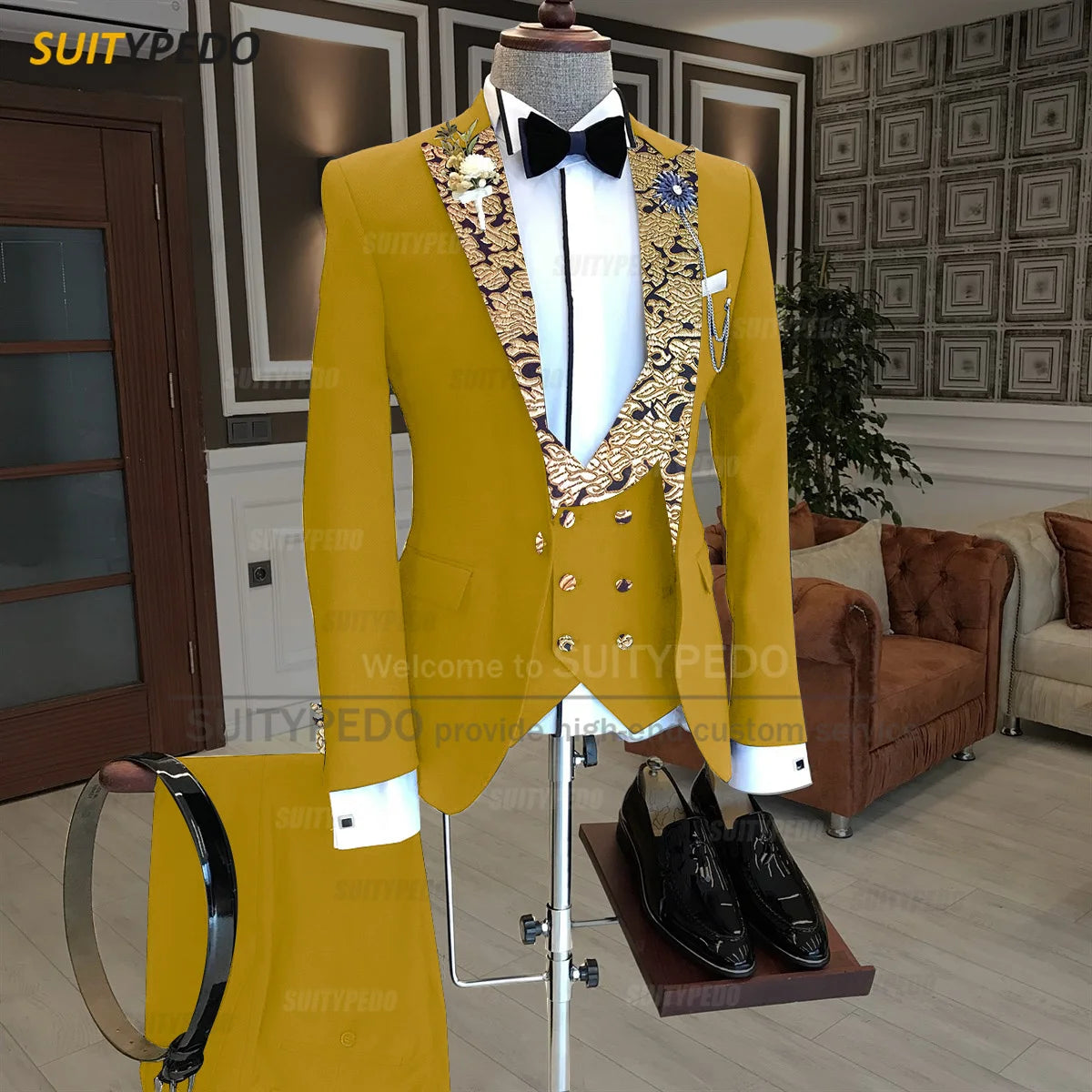 Luxury Men Suits Gold Printed Collar Formal Prom Male Elegant Costume Jacket Vest Pants 3 Pieces Wedding Party Fashion Tuxedos