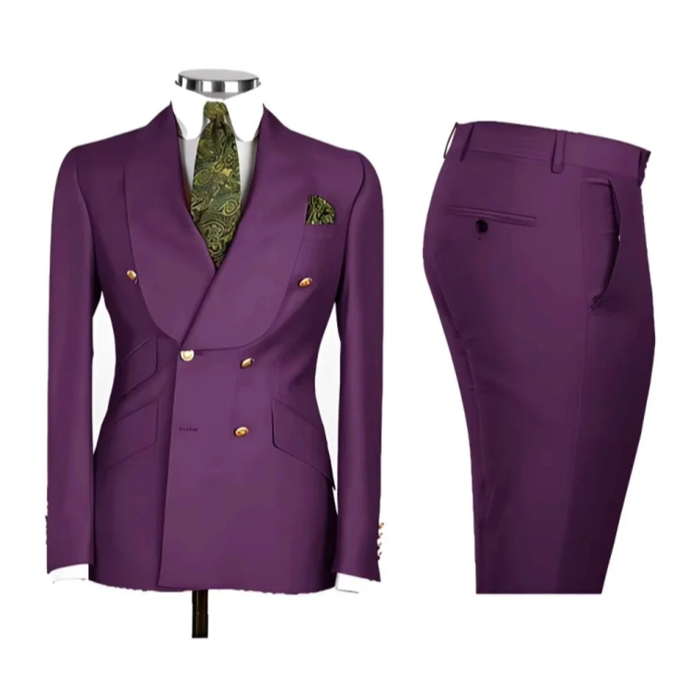2 PCS Men's Smart Casual Solid Formal Tuxedo Suits with Shawl Lapel Double Breasted Jacket And Pants for Business And Wedding