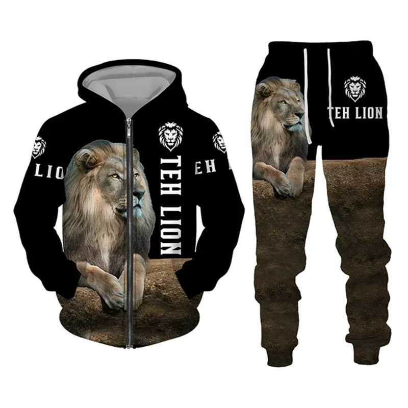 Men's Zip Hoodie Tracksuit Full Hoodies Set Lion Graphic Zipper 2 Piece Hooded Sports Outdoor Casual Sports 3D Print Streetwear
