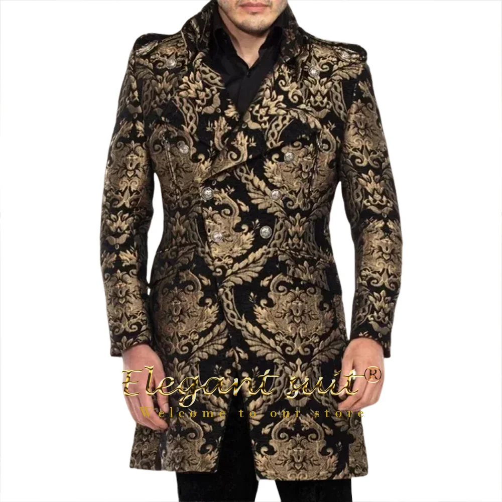 Men's 2 Piece Suit Double-Breasted Black & Gold Embossed Jacquard Coat & Pants Premium Formal Attire for Glamorous Events