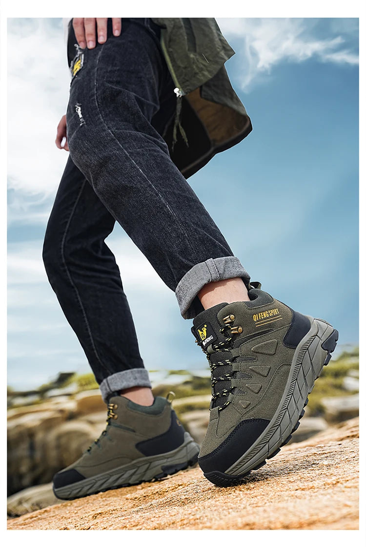 Large Size 48 Leather Hiking Boots Mens Winter Outdoor Warm Fur Non Slip 2025 Fashion Hike Ankle Boot Black Hunting Boots Rubber