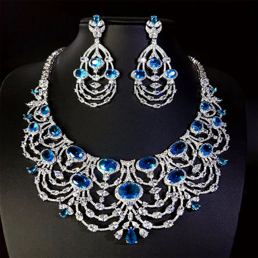 2025 New Noble Popping Blue Jewelry Set Necklace Earrings Stunning Nigerian Women Wedding Holiday Gift Prom Travel M-764