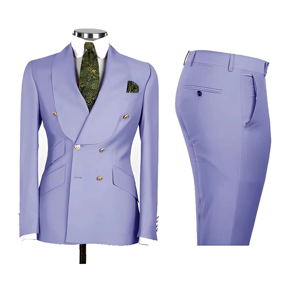 2 PCS Men's Smart Casual Solid Formal Tuxedo Suits with Shawl Lapel Double Breasted Jacket And Pants for Business And Wedding