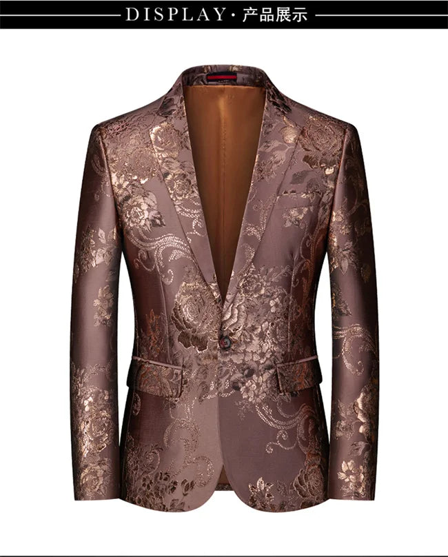New Men Fashion Trend Wedding Party Jacquard Suit Jacket Single-breasted Slim Blazer Singer Host Stage Performance Dress Coats