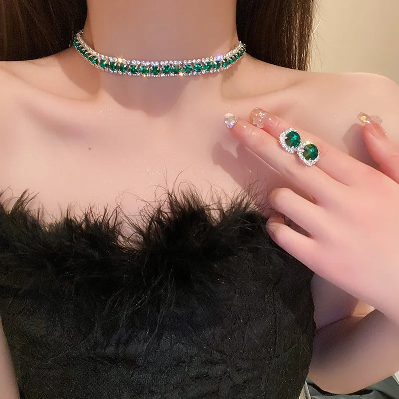 Luxury Green Rhinestone Necklace Stud Earrings For Women Crystal Choker Necklaces Ladies Fashion Weddings Banquet Jewelry Set