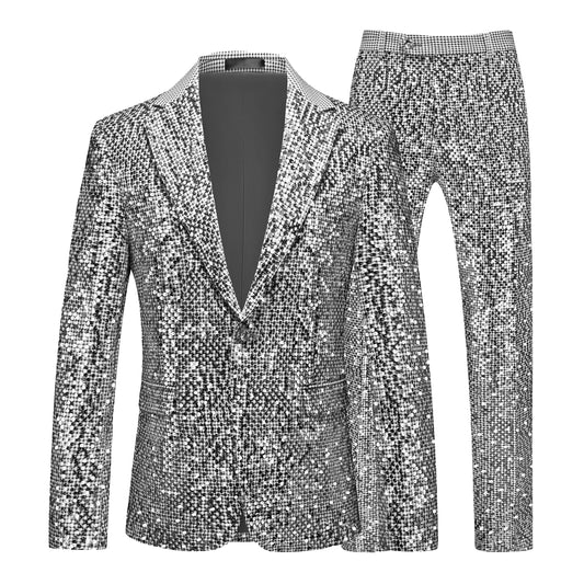 Men's Gold Sequin Slim Fashion Suit Two Piece Set, Stage Performance, Host Costume. Top+Pants