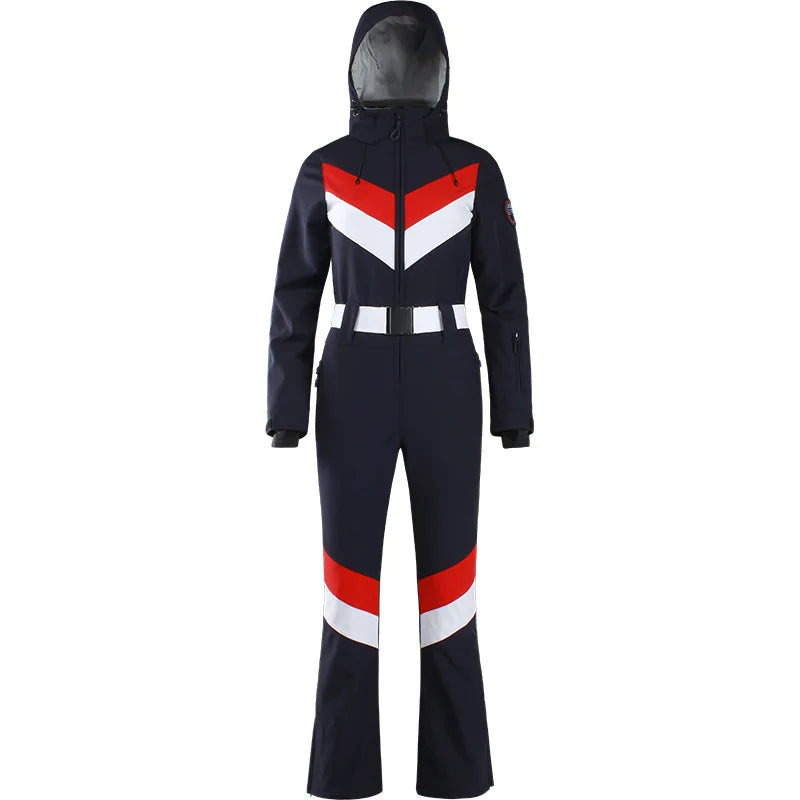 Women One Piece Ski Suit Winter Snowboard Jumpsuit Waterproof Windproof Thicken Hooded Outdoor Sport Wear for Mountain Hiking