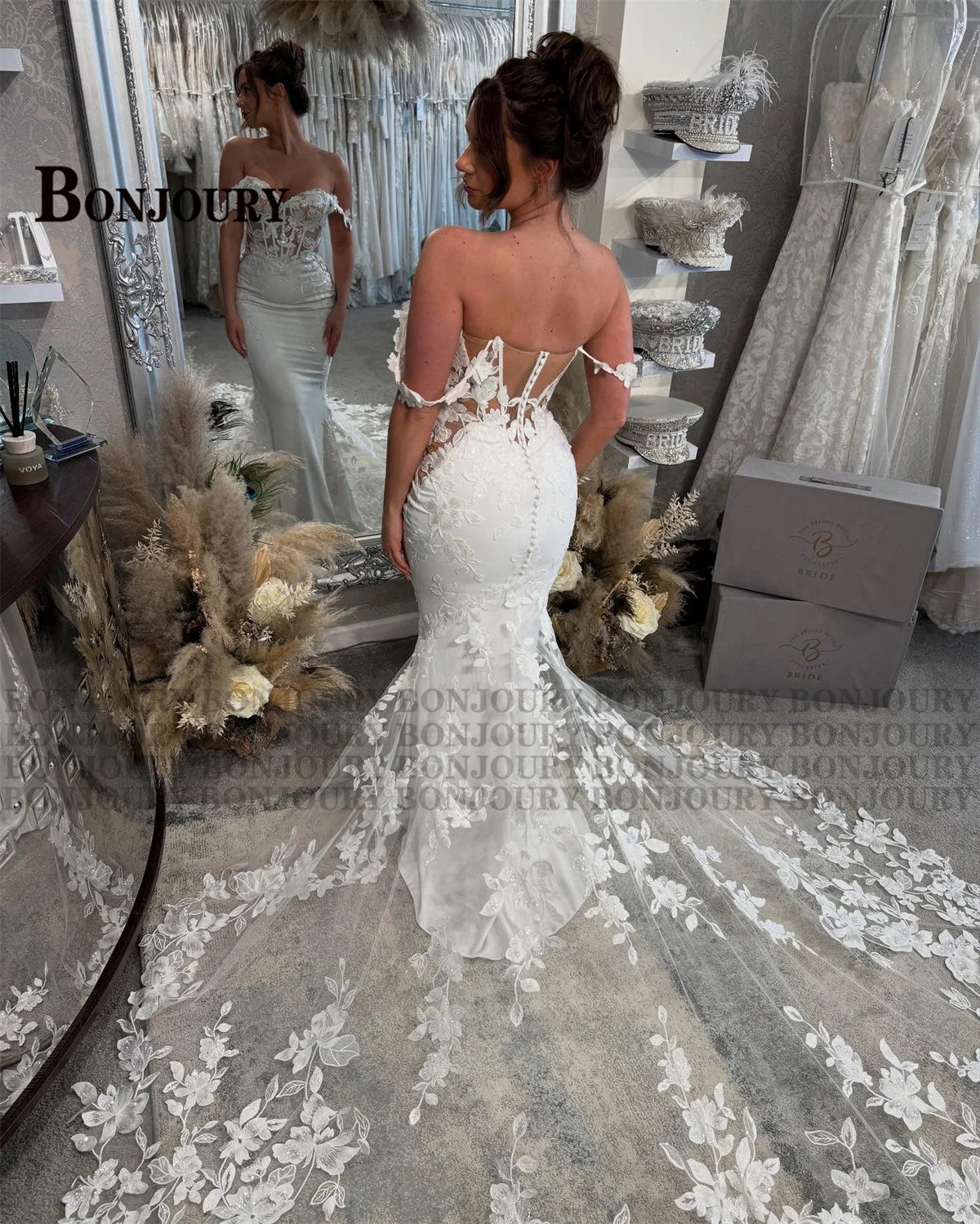 BONJOURY Charming Wedding Dress Mermaid Appliques Button Off the Shoulder Court Train Vestidos De Novia Brautmode Customized